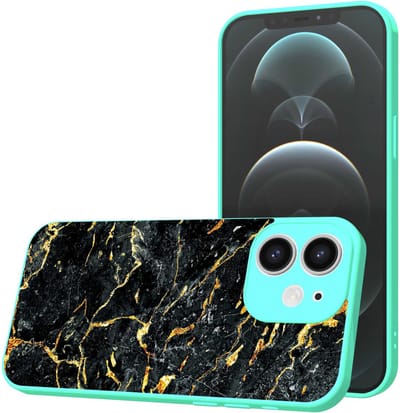 Smartphonica Telefoonhoesje Geschikt voor iPhone 12 met Zwart Goud Marmer opdruk - TPU Back Cover Case Black Gold Marble Design - Turquoise geschikt voor iPhone 12
