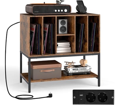 COSTWAY Draaitafel standaard met laadstation, bijzetkast met vinyl opslag, opbergkast modern, vinyl-display-rek voor woonkamer 80 x 45 x 79,5 cm (koffie)