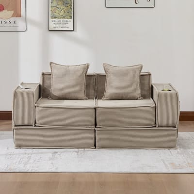 Welltin Slaapbank - Slaapbank - Zetelbed - 2-Zitsbank - Multifunctionele Corduroy Slaapbank - 2 persoons - Opvouwbaar - 2 Kussens - Armleuningen - Scandinavische stijl - Kaki