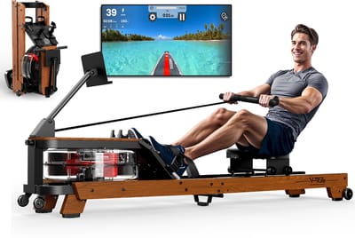 MettleMatic Waterroeitoestel voor Thuis -Houten Roeimachine met Waterweerstand & Bluetooth – Vouwbaar met Monitor & Tablethouder – Max 180kg Draagvermogen