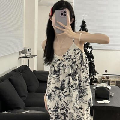 Dames Zomer 2-delige Pyjama Set Vrouwelijk Zoet Geometrisch Gestreept Bloemenprint Top Broek Huiskleding Casual Los Nachthemd XXL gray