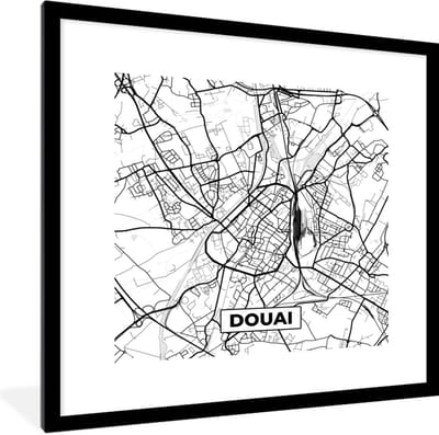 Fotolijst incl. Poster Zwart Wit- Frankrijk - Douai - Stadskaart - Plattegrond - Kaart - Zwart wit - 40x40 cm - Posterlijst
