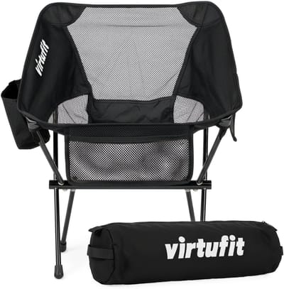 VirtuFit Camping Stoel Compact - Strandstoel - Inclusief Draagtas - Geschikt voor Festivals, Campings & Stranden - Inclusief armsteunen - Eenvoudig Meenemen en Opzetten - Zwart