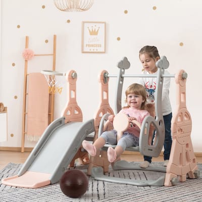 4-in-1 speeltoestel met glijbaan, klimrek, schommel en basketbalring voor kinderen van 1-6 jaar, roze