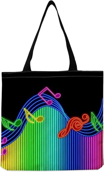 Trendy Herbruikbare Schoudertas met Muzieknoten - Zwarte Canvas Tas voor Dagelijks Gebruik, Ideaal voor Winkelen en Vrije Tijd