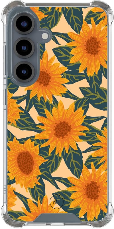 Hoesje (shockproof) geschikt voor Samsung Galaxy S25 - Zonnebloemen - Extra sterke case - TPU/polycarbonaat - Bloemen - Oranje, Transparant
