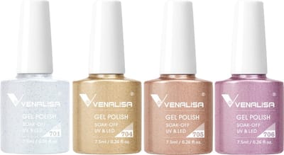 Venalisa UV Glitter Gellak Set - 30 ml (4x 7.5 ml) - Witte Gellak - Gouden Gellak - Paarse Gellak - Bruine Gellak - Gellak Glitter - Glitter Gellak - Gellak Kleuren - Venalisa Gellak - Gellak Nagellak