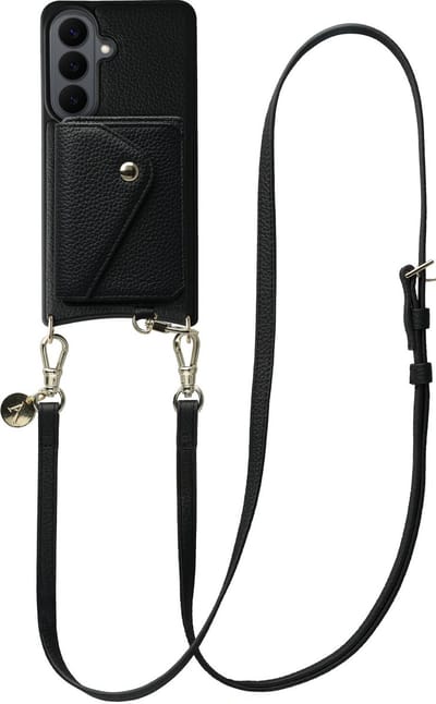AVY Leren Hoesje geschikt voor Samsung Galaxy S26 | Met Koord en Magnetische Kaarthouder | Compatibel met MagSafe | Leather Case met 130CM Koord & Wallet | Long Leather | Zwart