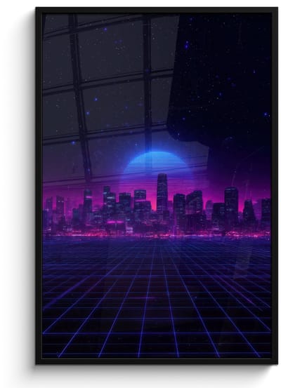Poster in lijst - Fotolijst 80x120 cm - Posters - Skyline - Zon - Neon - Rasterpatroon - Posterlijst zwart - Decoratie - Wanddecoratie woonkamer - Muurdecoratie slaapkamer