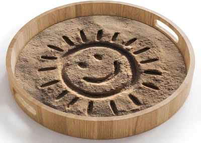 Dienblad rond 40x40 cm - Schootdienblad hout - Gezichtje - Zon - Zand - Getekend - Borrelplank rechthoek - Plateau houten dienbladen