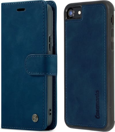 CaseMania Bookcase hoesje geschikt voor Apple iPhone SE (2022)/SE (2020)/8/7 - Effen Donkerblauw - Kunstleer - 2-in-1 Magnetisch Uitneembaar Design