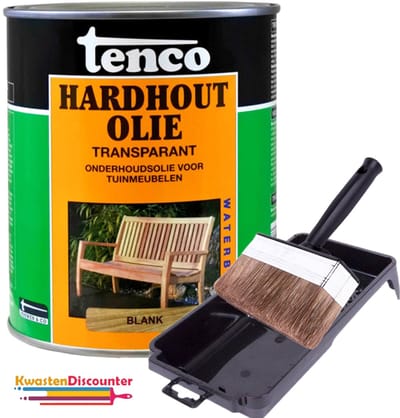 Tenco Hardhout Olie Transparant 1L + GRATIS KwastenDiscounter Beits blokkwast & Verfbak 15 cm x 29 cm