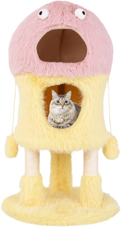COSTWAY Krabpaal klein, 93 cm hoog, monster-thema, kattenboom met 2 kattenholletjes & sisal krabzuilen & bal, kattenkrabpaal hout, kattenmeubel, activiteitsboom, speelboom, roze + geel
