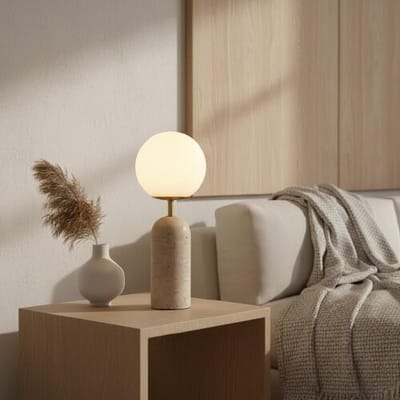 LUSENZ Naeva - Design Tafellamp Travertin voet met glazen bol 40 cm - Dressoir lamp - Japandi design - E27 fitting - Opaalglas - Met
