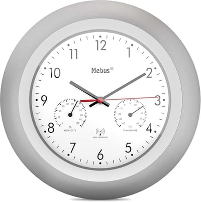 Ronde Draadloze Wandklok met Thermometer en Hygrometer - Zilver/Wit - 29cm