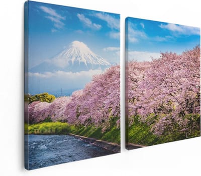 Artaza Canvas Schilderij Tweeluik Roze Bloesembomen Bij De Fuji Berg - 120x80 cm - Wanddecoratie Woonkamer - Schilderijen - Muurdecoratie