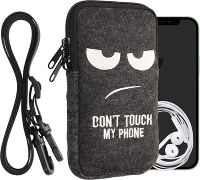 kwmobile Tasje voor smartphones L - 6,5" - Hoesje van vilt in wit / donkergrijs - Phone case met nekkoord - Don't Touch My Phone design