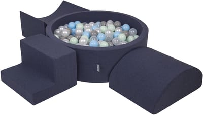KiddyMoon schuimspeelplaats met rond ballenbad (200 ballen) ballenbakken voor baby's speelbad hindernisbanen, made in the eu, donkerblauw:pearl/grijs/transparant/babyblauw/minze