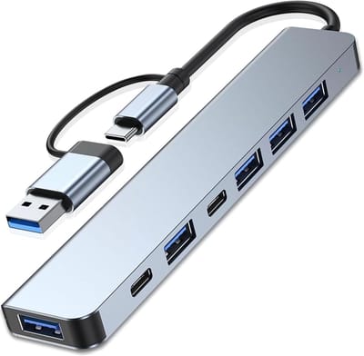 7-in-1 USB-C hub/adapter met 1 USB 3.0-poort en 2 Type-C-poorten - ondersteunt 100W PD-snelladen en 5 USB 3.0-poorten.