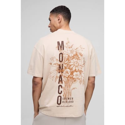 Oversized Extended Neck Monaco Floral Printed T-Shirt | Sand | Size XS