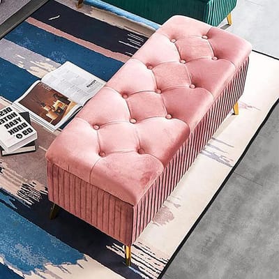 Gestoffeerde Zitbank - Opbergpoef - Woonkamer Decoratie - Diep Knoop Detail - 80 cm Lengte - Roze