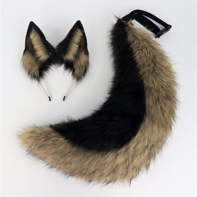 2 stuks/set Dierlijke Fursuit Oren Staart Halloweenfeest Cosplay Hoofddeksel Pluche Beest Wolfstaarten Vosoren Haarband Furry Hond COS Staart black