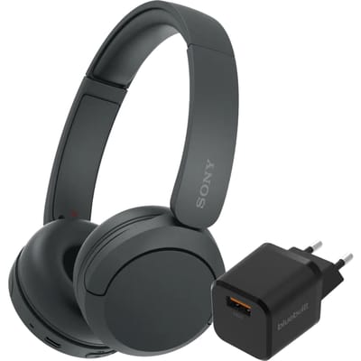 Sony WH-CH520 Zwart + BlueBuilt Quick Charge Oplader met Usb A Poort 18W Zwart