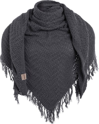 Knit Factory Amber Gebreide Omslagdoek - Driehoek Sjaal Dames - Dames sjaal - Wintersjaal - Stola - Wollen sjaal - Donkergrijze wintersjaal - Antraciet - 190x85 cm - Sjaal met franje