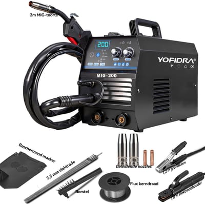 Yofidra Lasapparaat - 3-in-1 MIG lasapparaat - 200A compact inverter lasmachine - voor gasloos lassen - met synergetische draadaanvoer - MIG - MMA - TIG