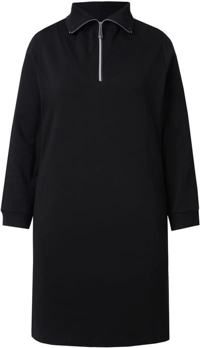 Ulla Popken - Dames - Sweatjurk Troy-kraag rits lange mouw - Zwart - Maat 46+