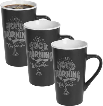 Secret de Gourmet hoge koffie mok / beker met oor - 3x - zwart - keramiek - 500 ml - koffie print - servies - warme dranken