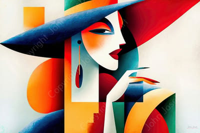 John Joseb Art (Aluminium) 120x80 | Vrouw met hoed, Picasso / Salvador Dali stijl, kleurrijk, felle kleuren, abstract, kunst, portret, mens, goud, geel, blauw, rood, wit, modern | foto-schilderij op dibond, metaal wanddecoratie