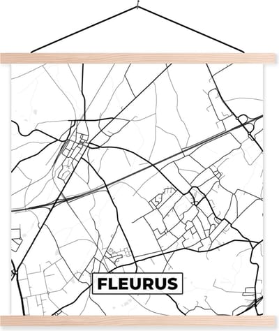 Posterhanger incl. Poster 40x40 cm - Schoolplaat - België – Fleurus – Stadskaart – Kaart – Zwart Wit – Plattegrond - Textielposter - Blanke latten - Stadskaart