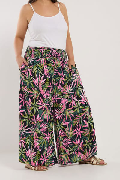 Yours Broek Met Tropische Print, Wijde Pijpen En Elastische Taille In Groen/Roze Size 42