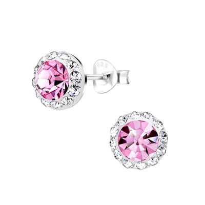 Joy|S - Zilveren oorbellen - kristal roze - 9 mm - ronde elegante oorknoppen