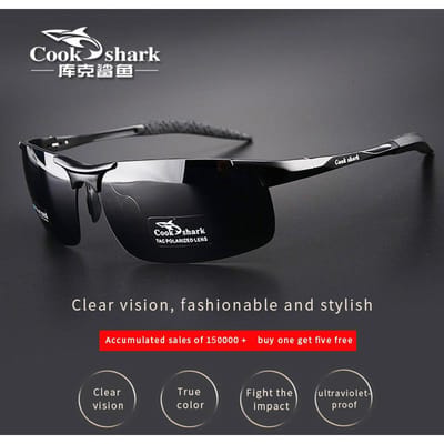 De nieuwe aluminium magnesium zonnebril van Cook Shark, heren zonnebril HD gepolariseerd, autorijden, gekleurde bril, Tide CHINA&black zwart