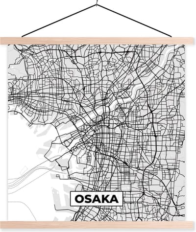 Posterhanger incl. Poster 40x40 cm - Schoolplaat - Osaka - Stadskaart - Zwart Wit - Plattegrond - Kaart - Textielposter - Blanke latten - Stadskaart