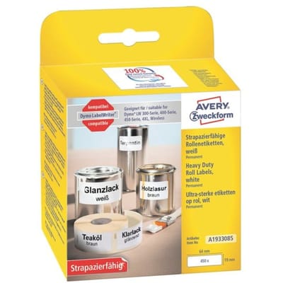 Avery-Zweckform A1933085 Rol met etiketten 19 x 64 mm Folie Wit 450 stuk(s) Permanent hechtend Universele etiketten