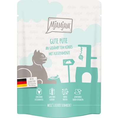 6x 300g MjAMjAM Squeeze goede kalkoen op gestoomde pompoen kattenvoer nat