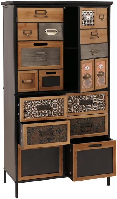 Apothekerskast MCW-O80, hoge kast met lades, vintage shabby look 136x73x35cm, naturel/kleurrijk