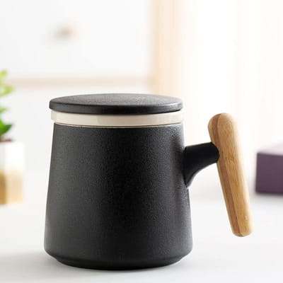 Keramische Mok met Houten Handvat en Deksel Thee Scheidende Beker Kantoor Waterbeker Promotioneel Geschenk 301-400ml