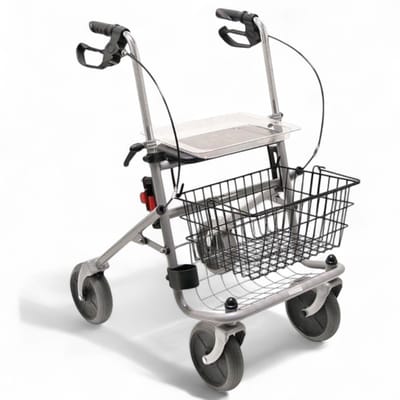 Opvouwbare rollator Cristallo - Stabiel en lichtgewicht - 9,1 kg - Anti-lek banden - Voor binnen en buiten - Inclusief mand, dienblad en stokhouder - Gebruikersgewicht tot 130 kg - Gebruikerslengte is 1,60m tot 1,95m