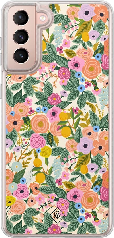 Casimoda® hoesje - Geschikt voor Samsung Galaxy S21 - Pink Gardens - 2-in-1 case - Schokbestendig - Bloemen - Verhoogde randen - Roze, Transparant