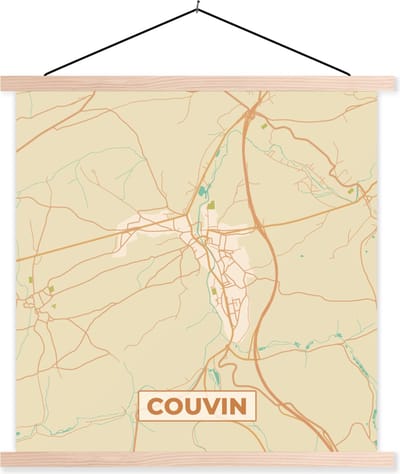 Posterhanger incl. Poster 40x40 cm - Schoolplaat - België - Couvin - Kaart - Plattegrond - Stadskaart - Textielposter - Blanke latten - Stadskaart