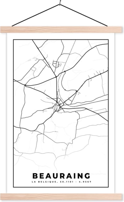Posterhanger incl. Poster 40x60 cm - Schoolplaat - België – Beauraing – Stadskaart – Kaart – Zwart Wit – Plattegrond - Textielposter - Blanke latten - Stadskaart