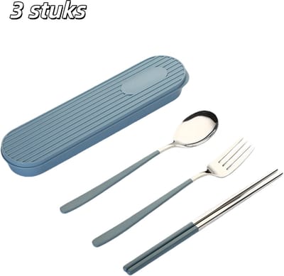 3 stuks - Bestekset - Roestvrij staal - Draagbaar bestek - Inclusief eetstokjes, lepel en vork - Wordt geleverd met besteketui - Geschikt voor studenten en kantoorpersoneel - Blauw