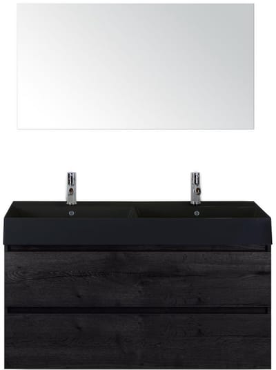 Maxx XL Badmeubelset 120 cm - Black Oak - Wastafel Kube Dubbel Zwart 2 Kraangaten met Spiegel