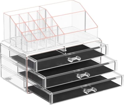 Make-up organizer met 3 lades en 15 vakken in transparant roségoud