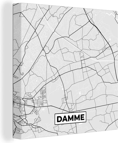 Canvas Schilderij Zwart Wit – België – Plattegrond – Stadskaart – Kaart – Damme - 20x20 cm - Wanddecoratie