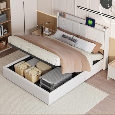 Gecapitonneerd Bed - Gestoffeerd Bed - Royale Opbergruimte - Geïntegreerde USB Poort - 160x200 cm - Beige